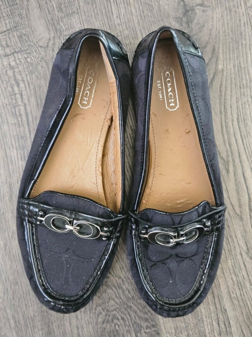 Coach Fontana A008 Black Signature C Canvas Patent Leather Loafers Flats Size 8B